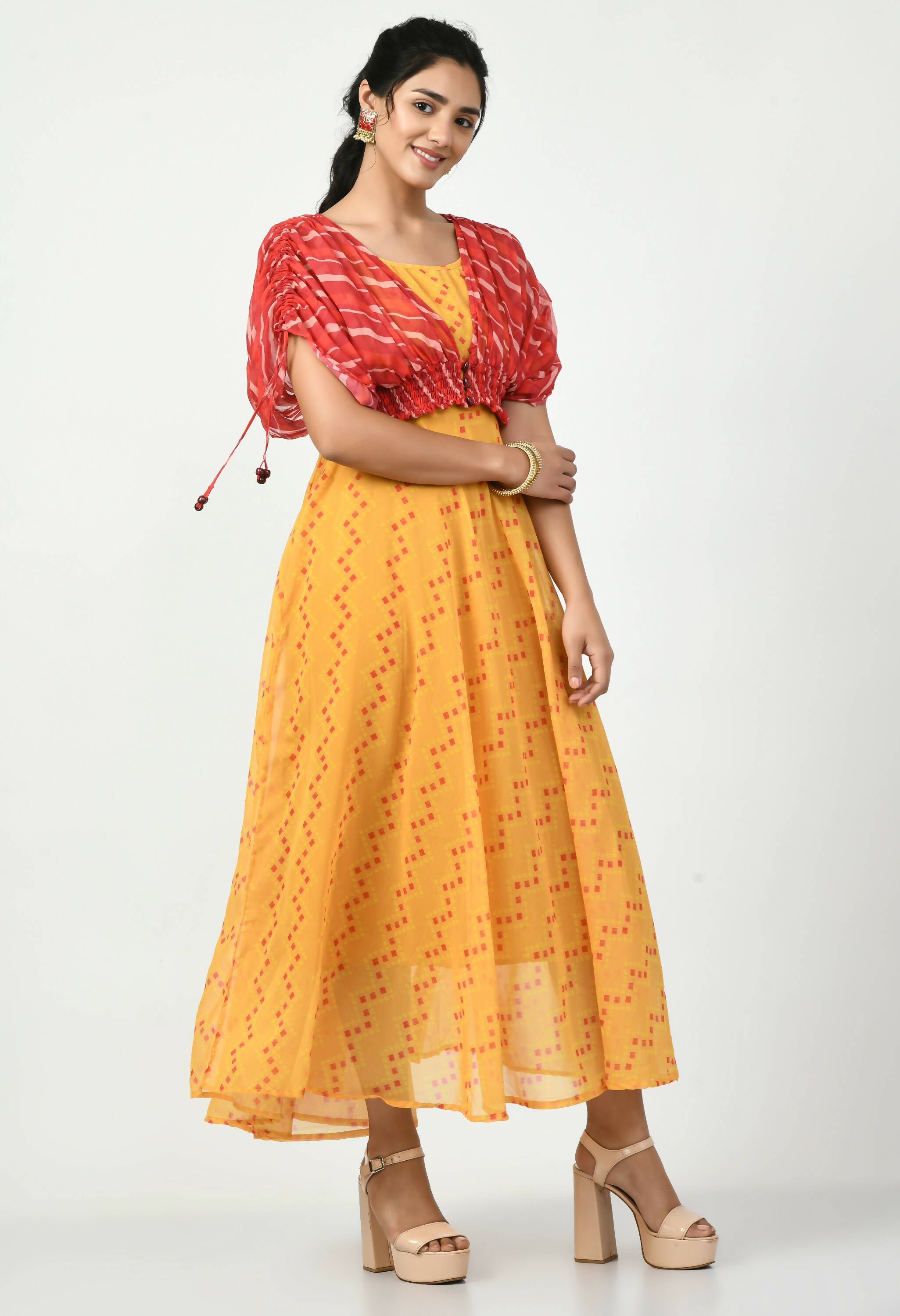 Myshka Women's Yellow Empire Printed Dress - Distacart
