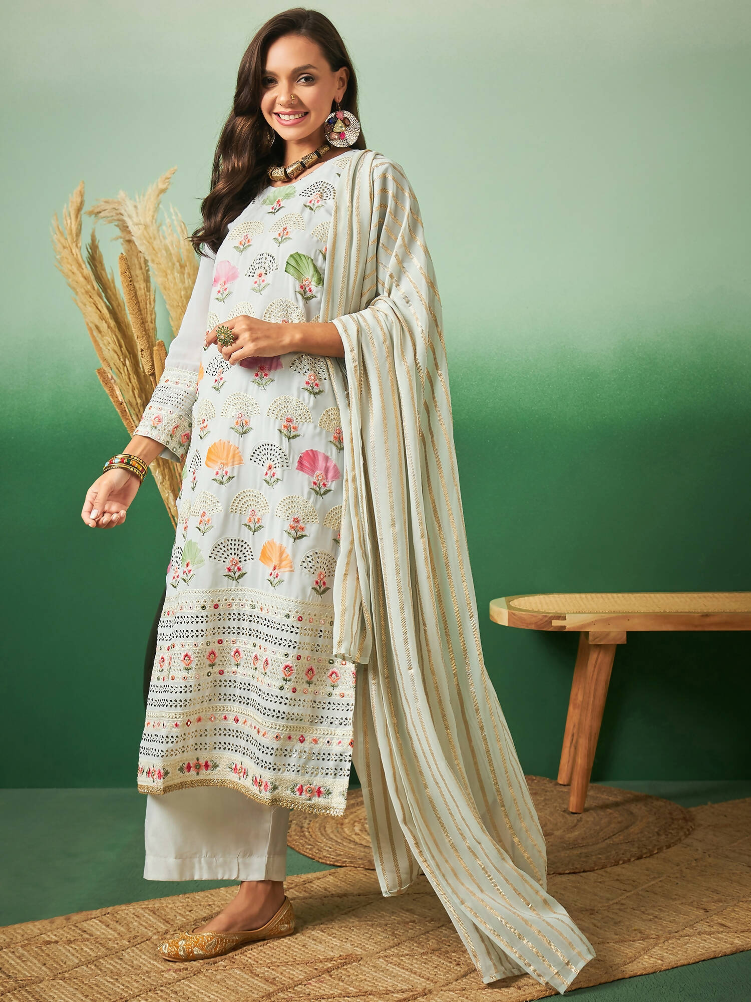 Light Blue Georgette Handwork Unstitched Dress Material - Hanika - Distacart