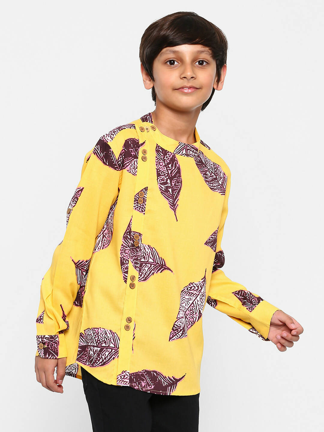 Manet Ethnic Full Sleeves Big Leaf Printed Shirt - Yellow - Distacart