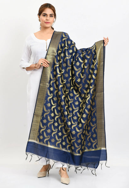 Mominos Fashion Moeza Women's Banarsi Silk Floral Woven Design Navy Blue Dupatta - Distacart