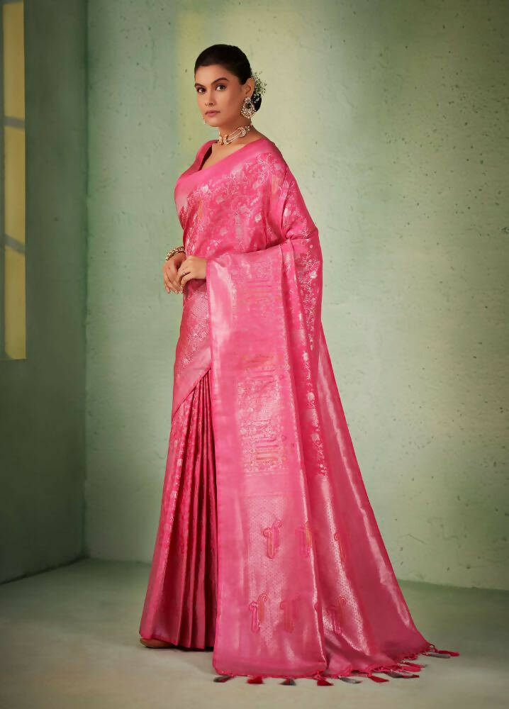 Glorious Designer Pink Color Kanjivaram Silk Saree With Weaving Work - Yomika Fashions - Distacart