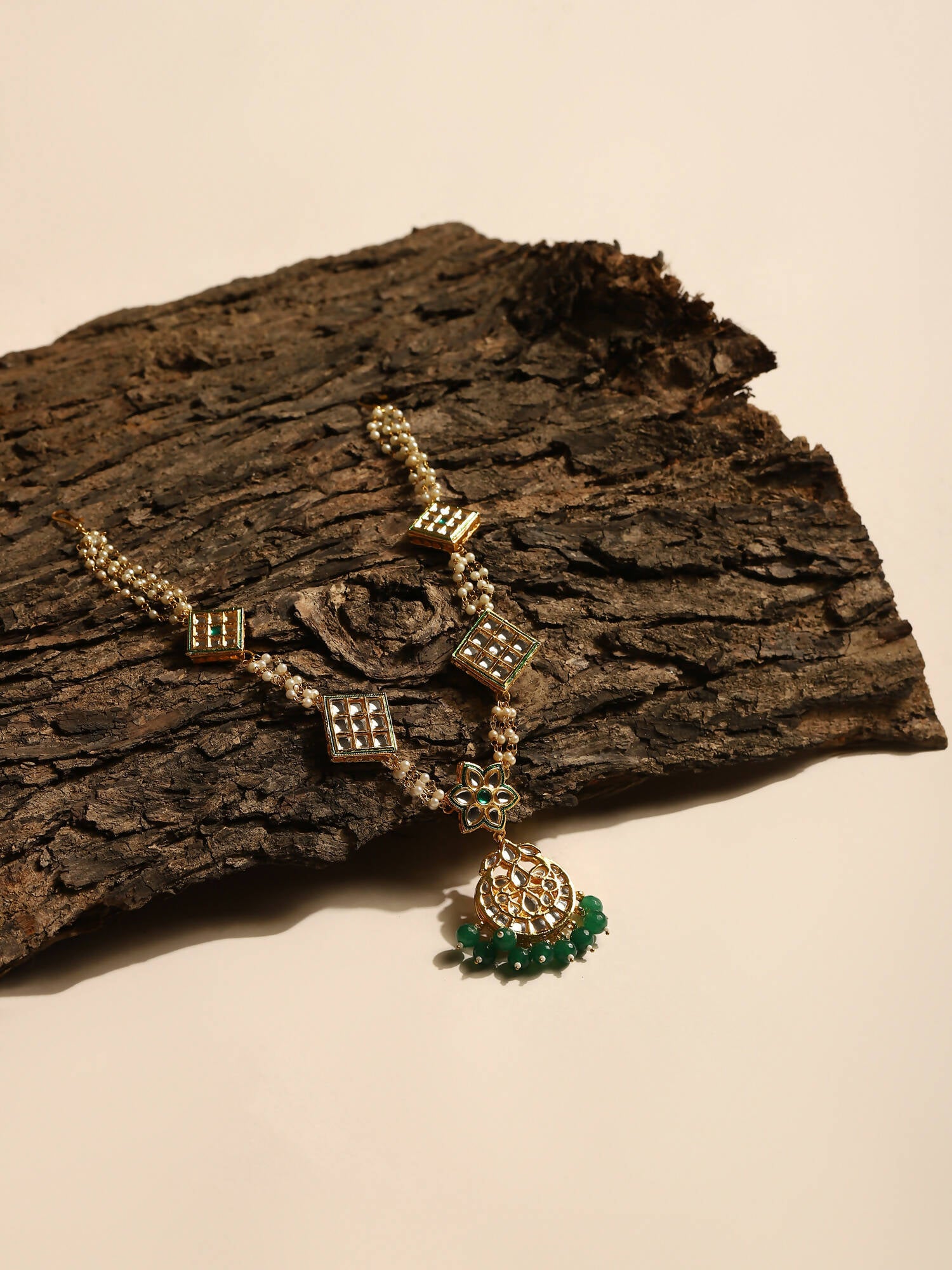 Gold-Plated White Green Kundan-Studded Pearl Beaded Matha Patti - Ruby Raang - Distacart