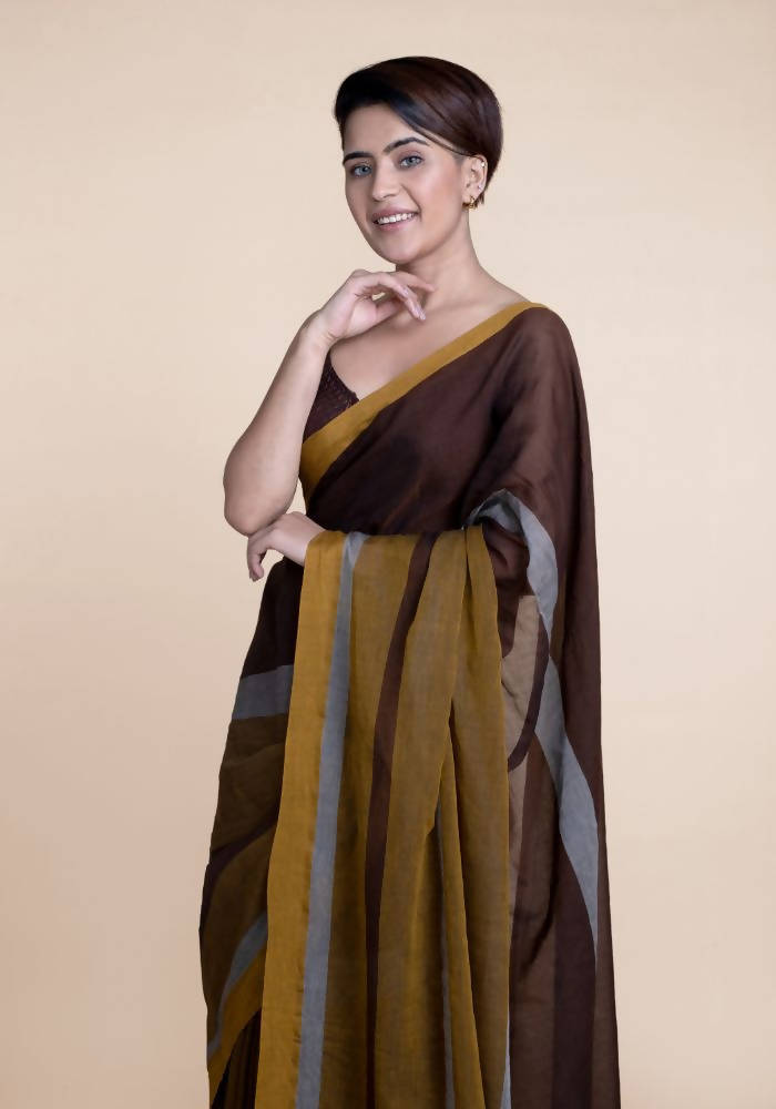 Suta Brown Yellow Colourblocked Mul Saree - Distacart