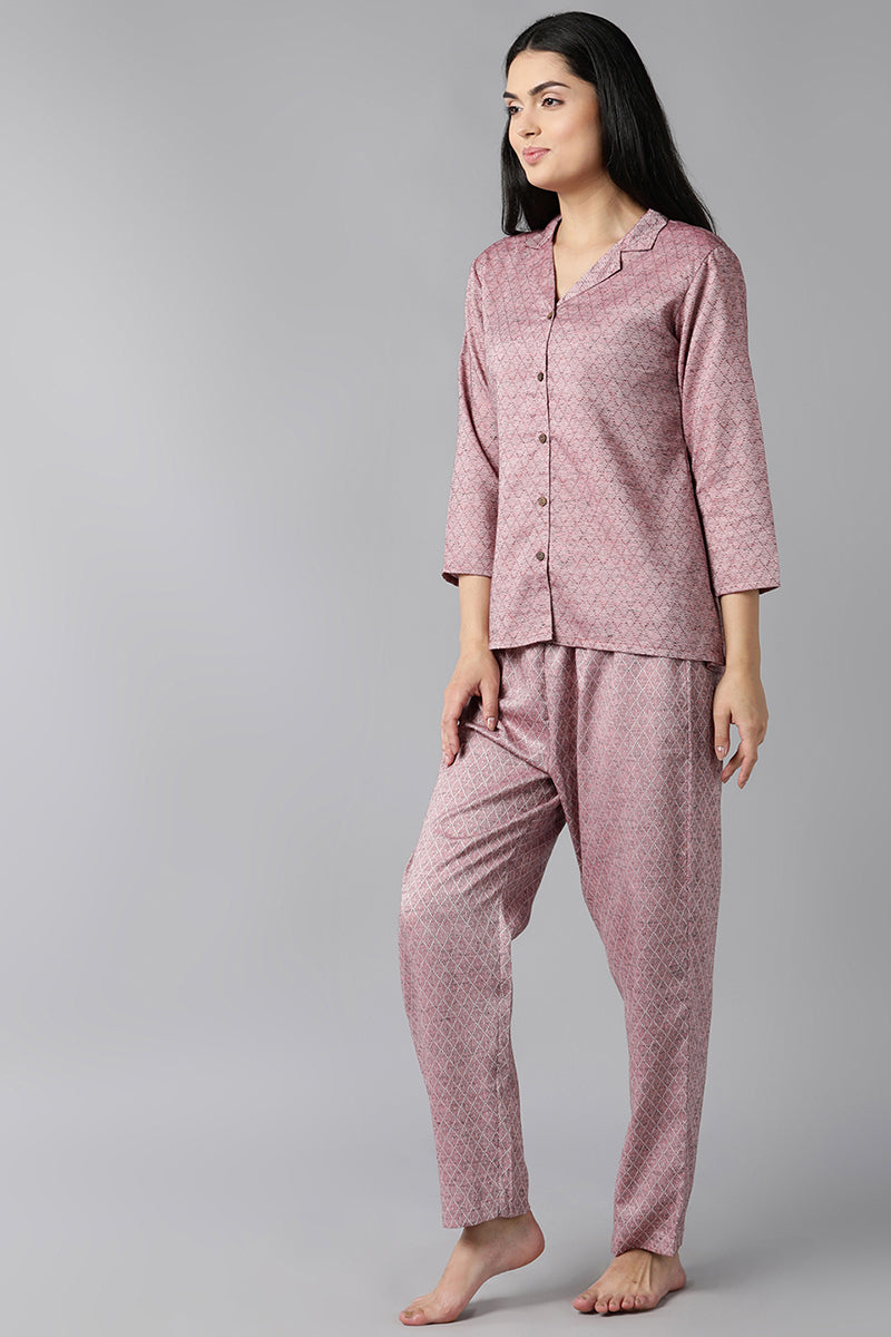 Women's Mauve Pure Cotton Checks Print Night Suit - Rasiya - Distacart