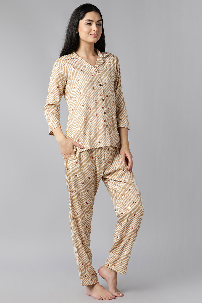 Women's Beige Pure Cotton Ethnic Motifs Night Suit - Rasiya - Distacart