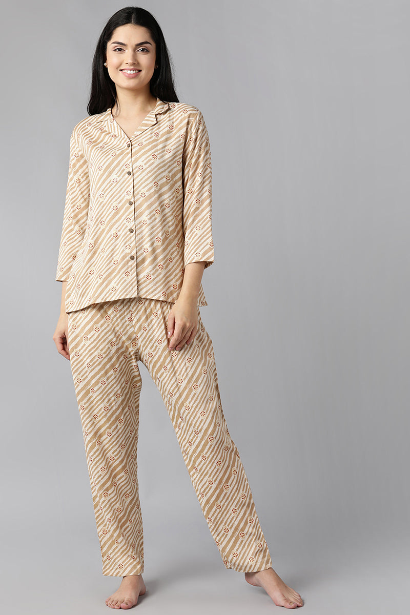 Women's Beige Pure Cotton Ethnic Motifs Night Suit - Rasiya - Distacart