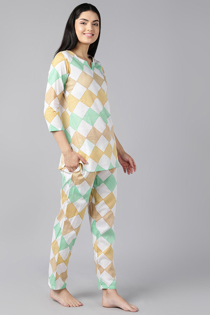 Women's Multi Colour Pure Cotton Geometric Print Night Suit - Rasiya - Distacart
