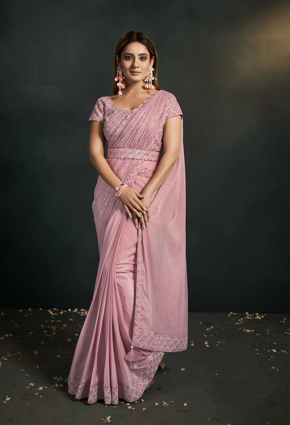 Light Pink Silk Crepe Satin Cord Sequence & Thread Embroidered & Stone Work Saree - Moh-Manthan Royal Enigma - Distacart