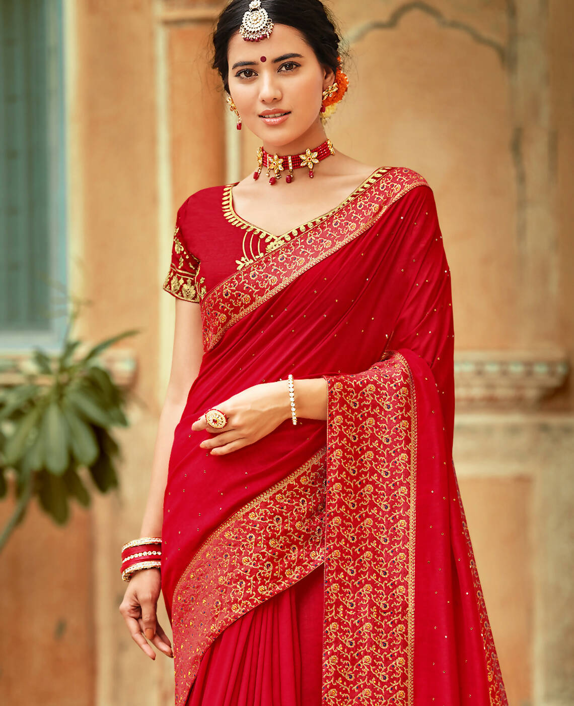 Red Vichitra Stone Work Saree With Unstitched Blouse Piece - Rosy - Distacart