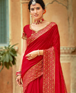 Thumbnail for Red Vichitra Stone Work Saree With Unstitched Blouse Piece - Rosy - Distacart