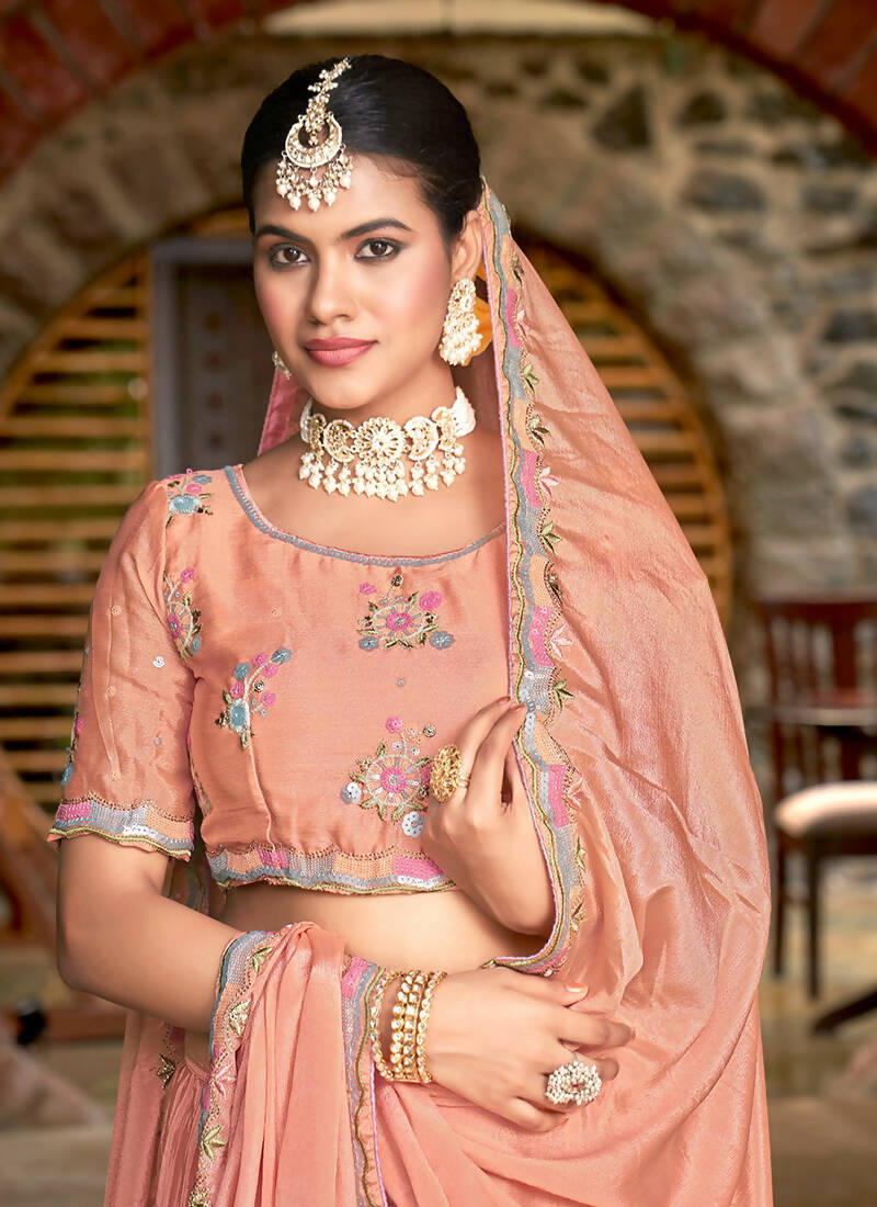 Peach Chinon Crushed Sequence and Thread Embroidery Work Lehenga Choli with Dupatta - Viharini - Distacart