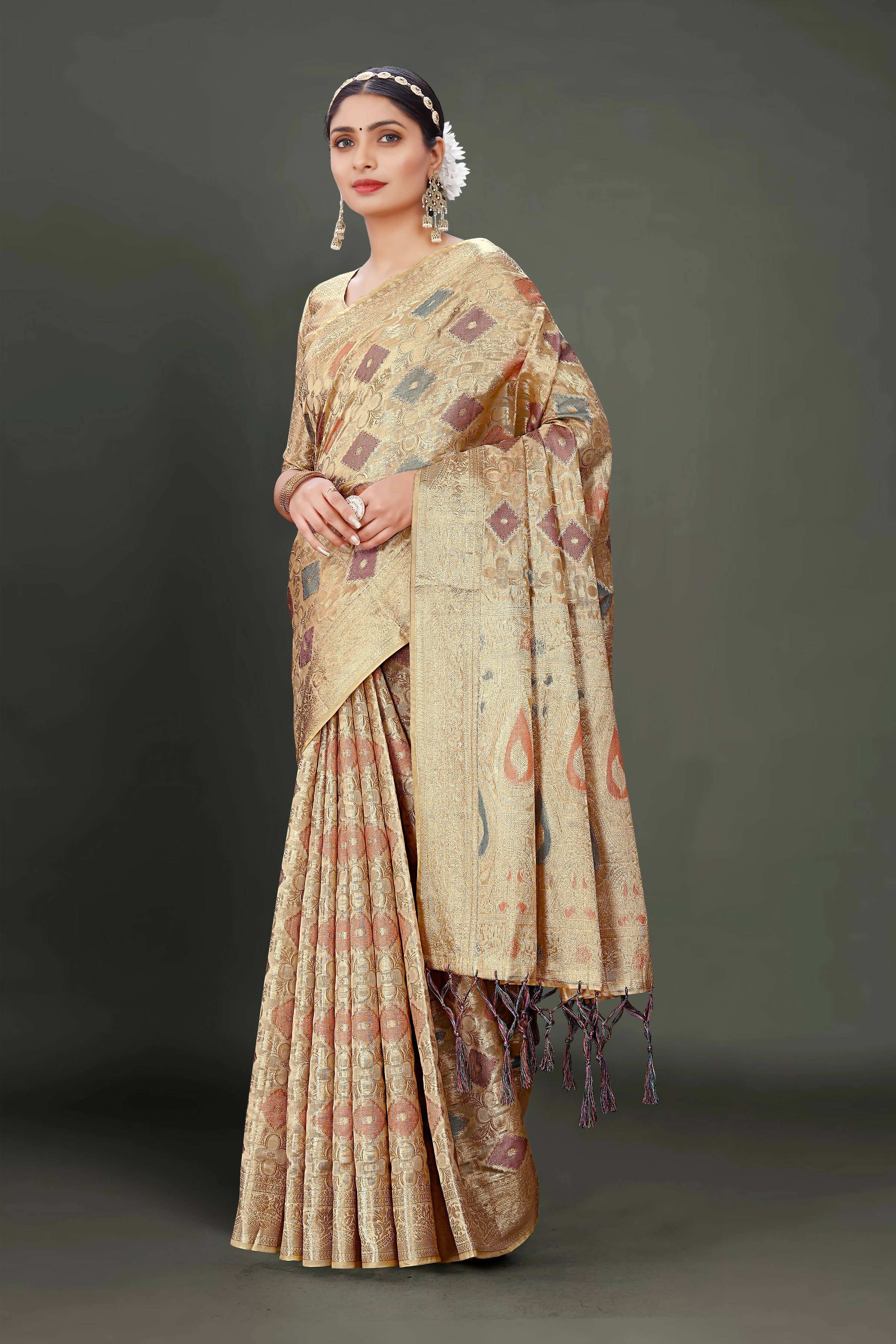 Beige Soft Organza Woven Design Saree With Unstitched Blouse Piece - Zaara - Distacart