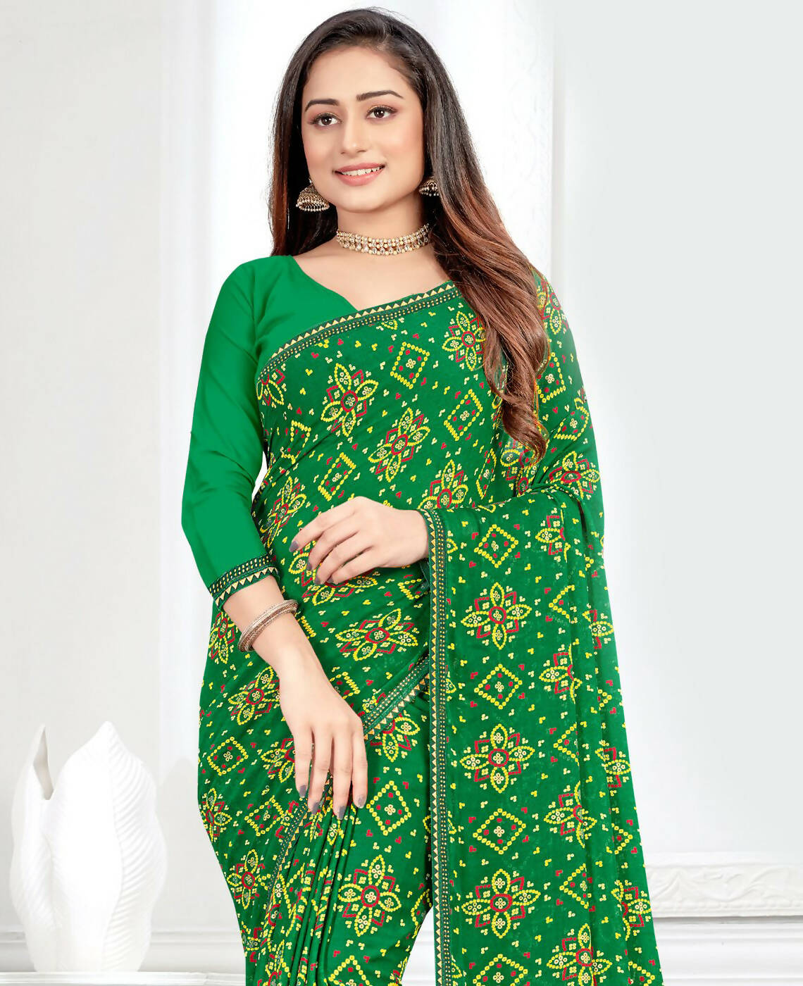 Green Georgette Bandhani Printed Saree With Unstitched Blouse Piece - Jyoti - Distacart