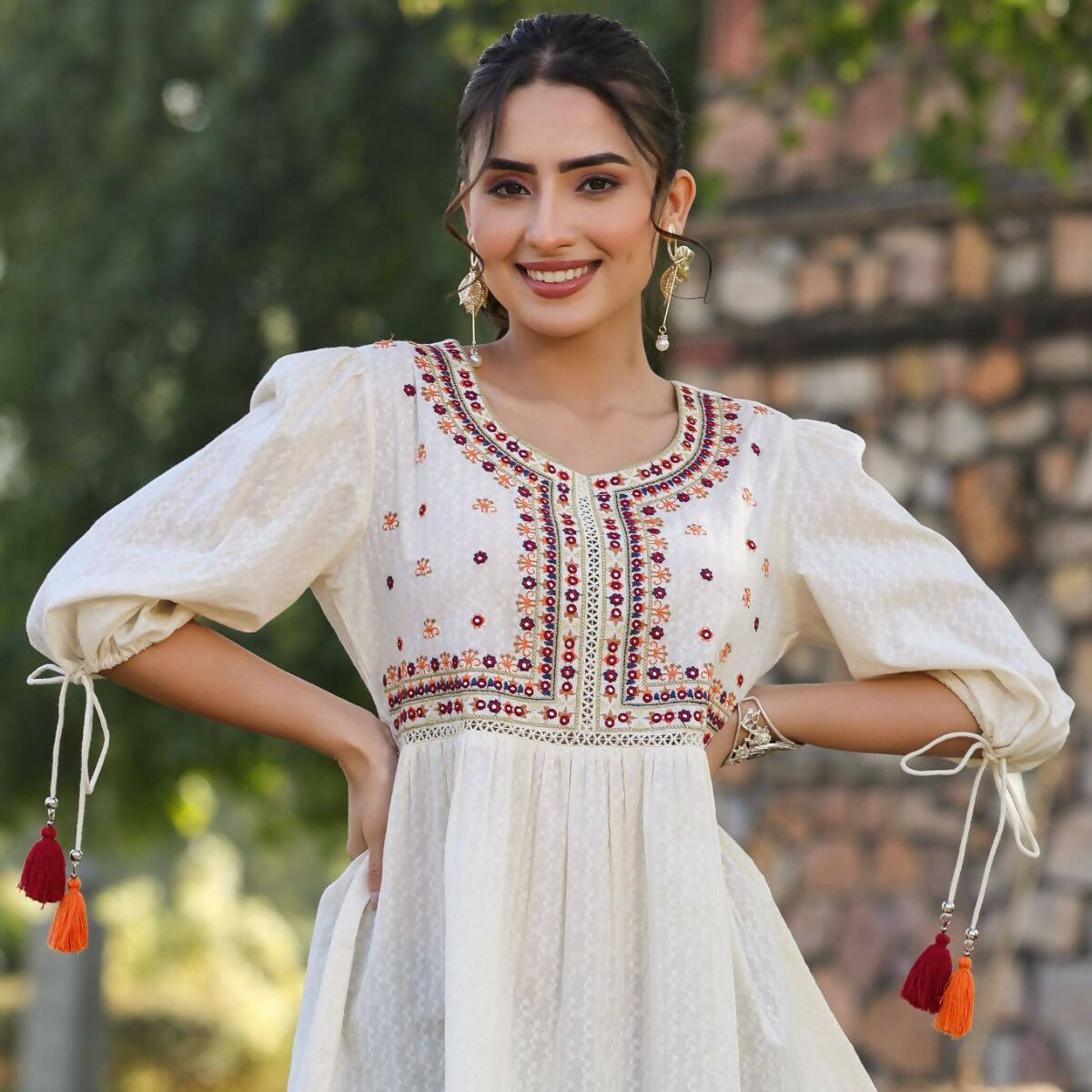 Juniper Women's Offwhite Cotton Solid With Embroidered Straight Tunic - Distacart