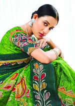Thumbnail for Light Green Chanderi Cotton Floral Printed Saree With Unstitched Blouse Piece - Kathika - Distacart