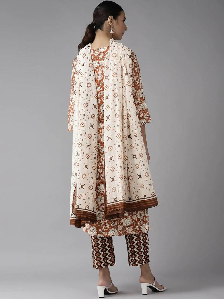 Yufta Brown & Off White Floral Print Kurta with Trousers and Dupatta Set