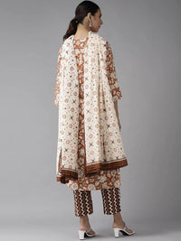 Thumbnail for Yufta Brown & Off White Floral Print Kurta with Trousers and Dupatta Set