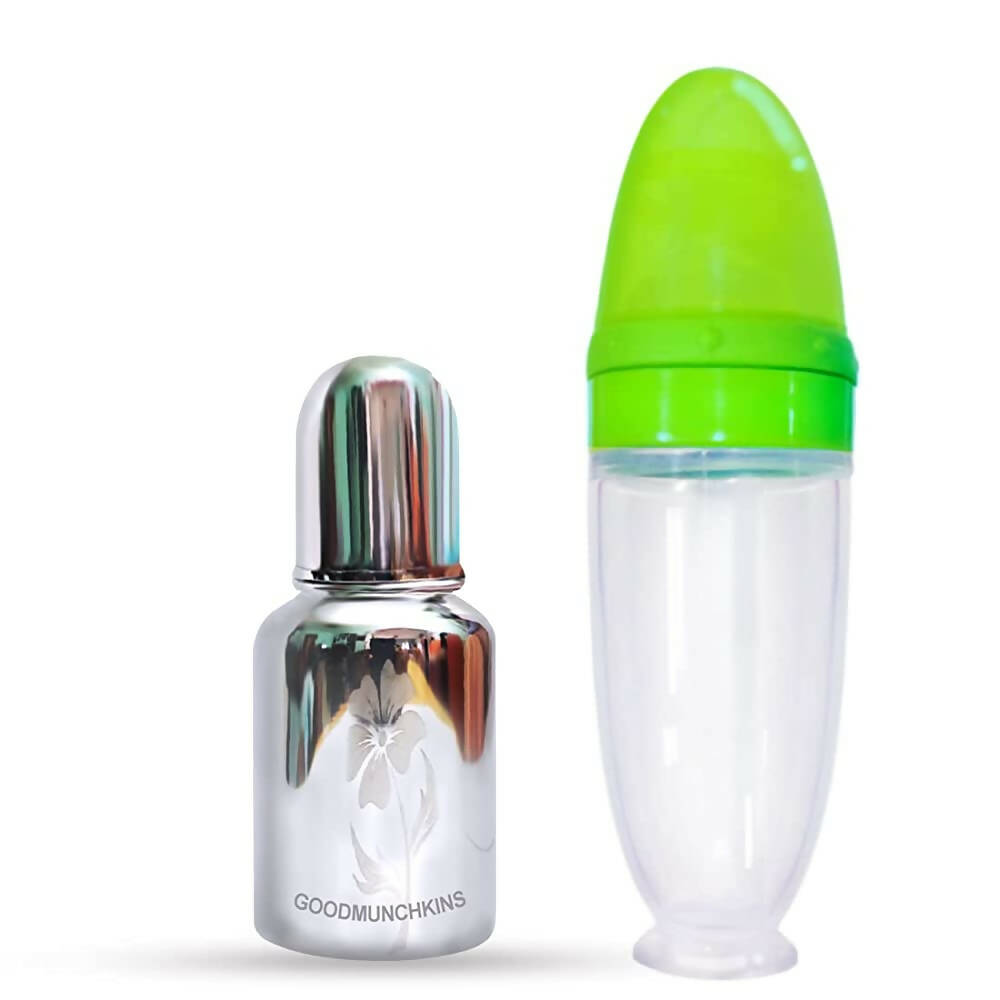 Goodmunchkins Stainless Steel Feeding Bottle 304 Grade Jointless & Spoon Food Feeder for Baby Nipple Feeder 150 ml Combo Pack-Green - Distacart