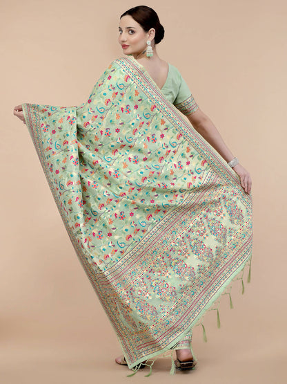 Sea Green Silk Blend Woven Design Saree With Unstitched Blouse Piece - Aloki - Distacart
