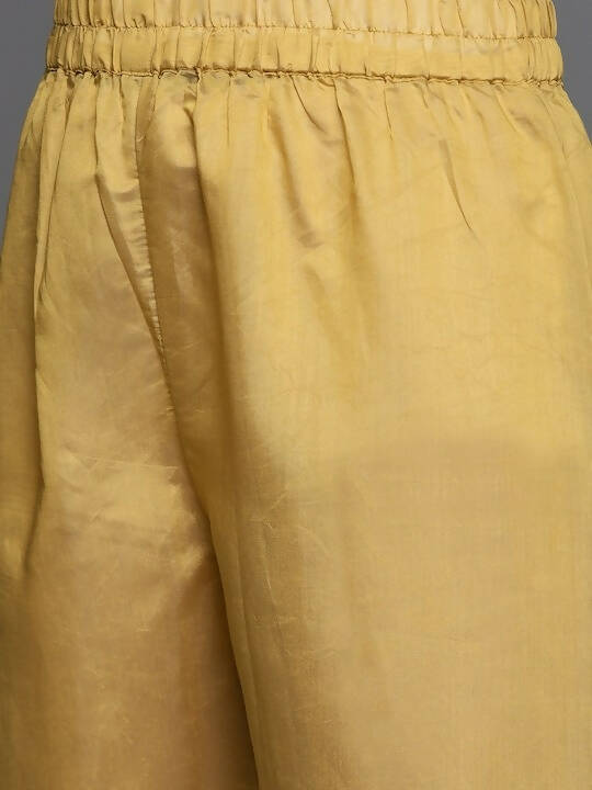 Varanga Women Mustard Yellow Printed Mirror Work Kurta with Trousers & Dupatta - Distacart