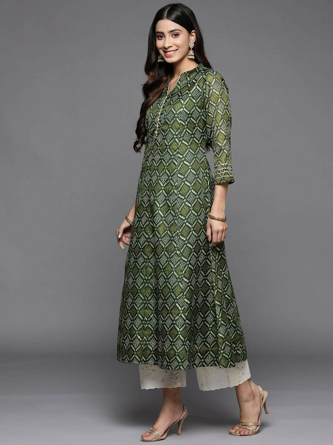 Varanga Women Green Bandhani Printed Anarkali Kurta - Distacart