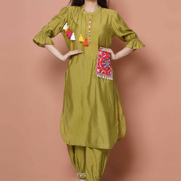 Women Republic Green Art Silk Embroidered Kurta with Afghani Salwar - Distacart