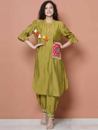 Women Republic Green Art Silk Embroidered Kurta with Afghani Salwar - Distacart