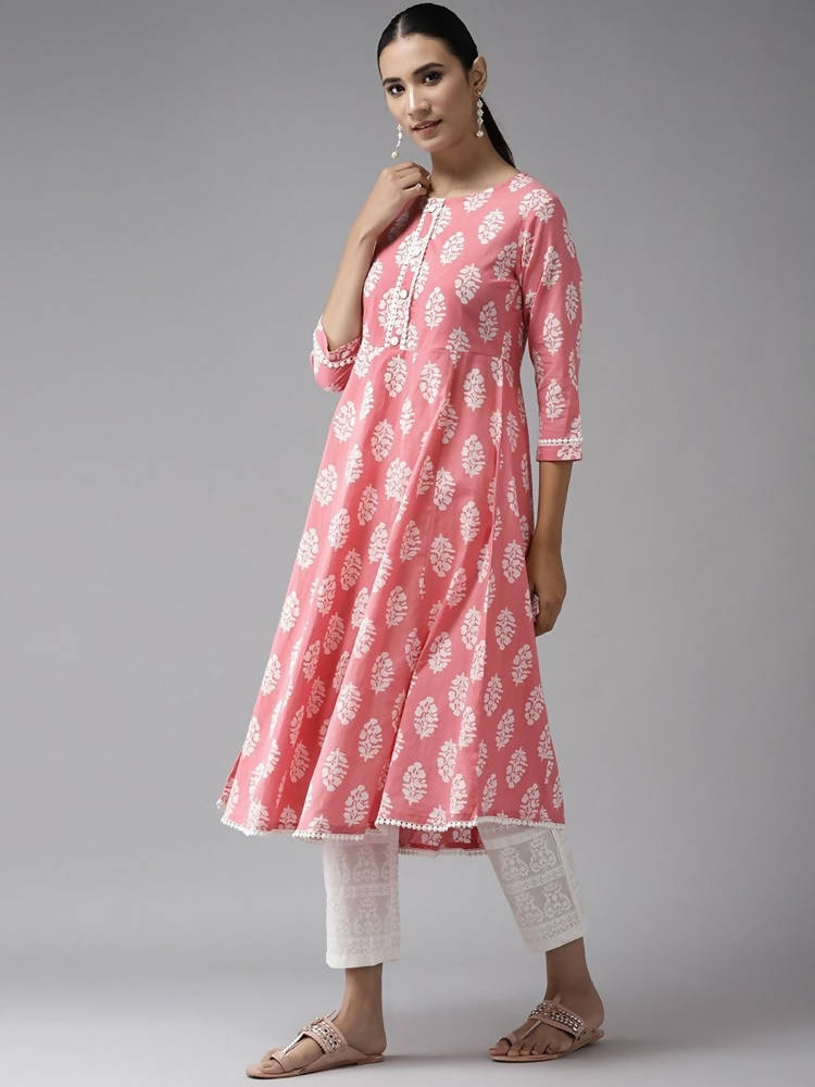 Yufta Pink and White Block Print A-line kurta with Palazzo & Dupatta Set