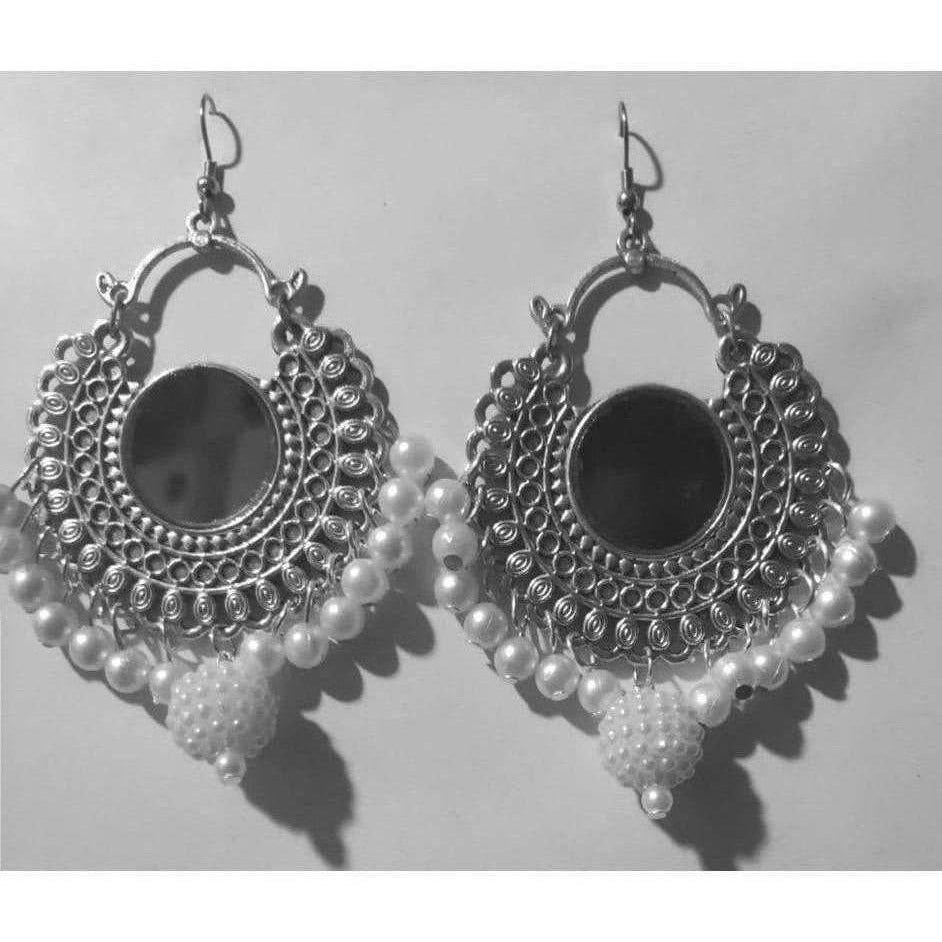 Half Moon Oxidized White Pearls Silver Earrings