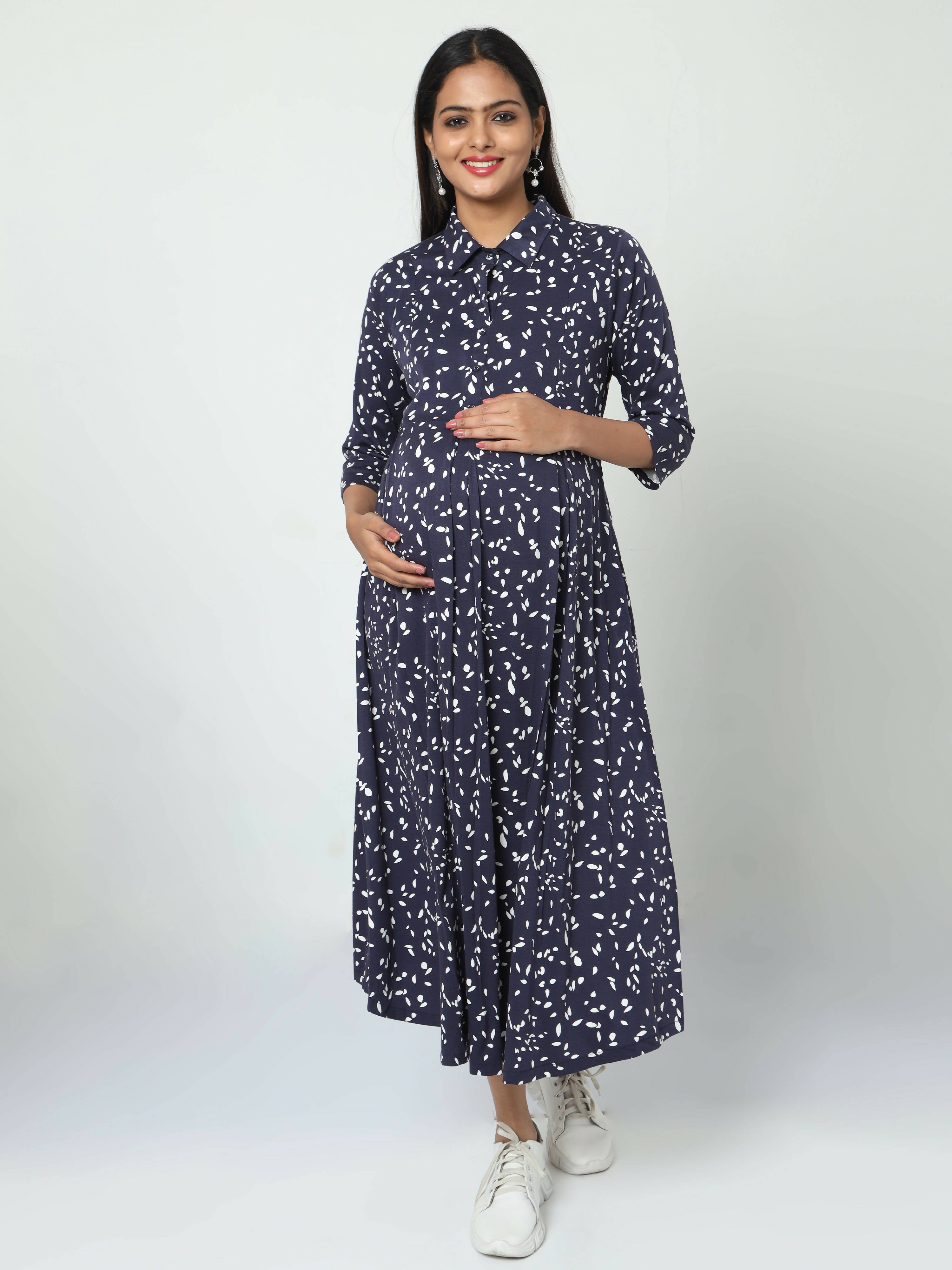 Manet Three Fourth Maternity Dress White Dot Print With Concealed Zipper Nursing Access - Navy Blue - Distacart