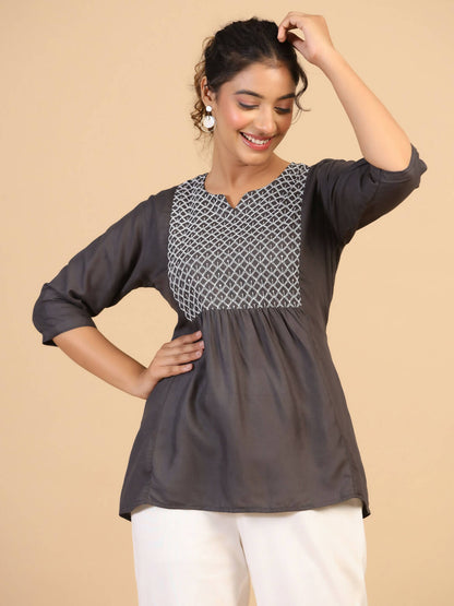 Womens Grey Rayon Yoke Embroidered Top - Keeva - Distacart
