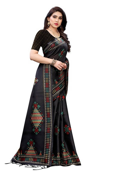 Vamika Black Kalamkari Print With Jhalar Khadi Silk Saree (KITE BLACK)