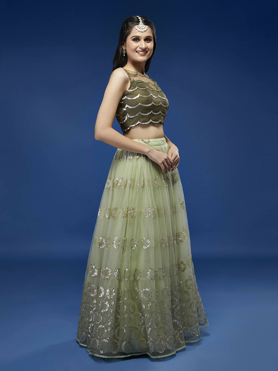 House of Panchhi Lime Green Net Embroideried Round Sequins Lehenga - Distacart