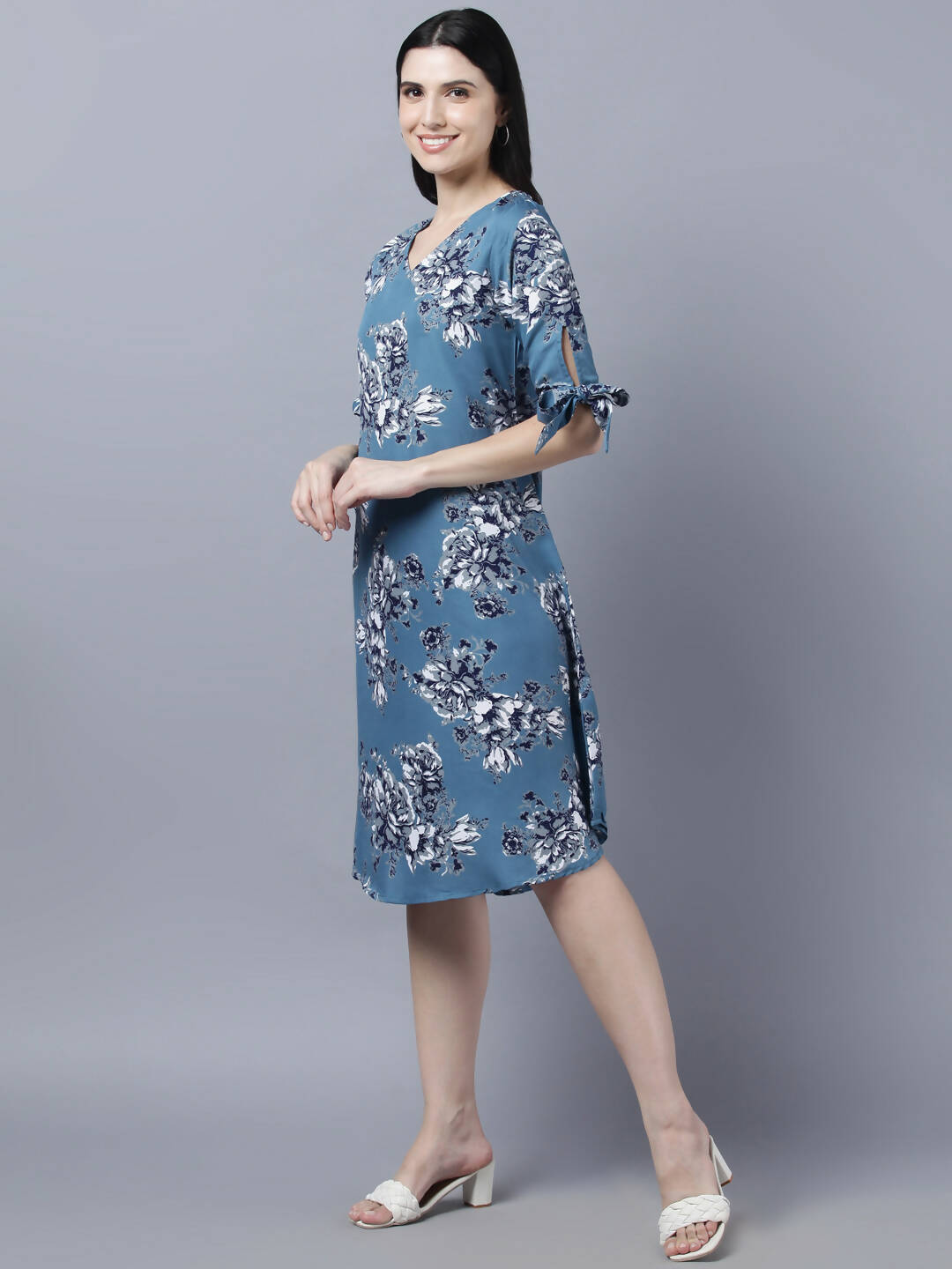 Myshka Women Teal Blue Grey Printed A-line Dress - Distacart