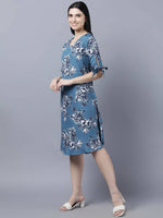 Thumbnail for Myshka Women Teal Blue Grey Printed A-line Dress - Distacart