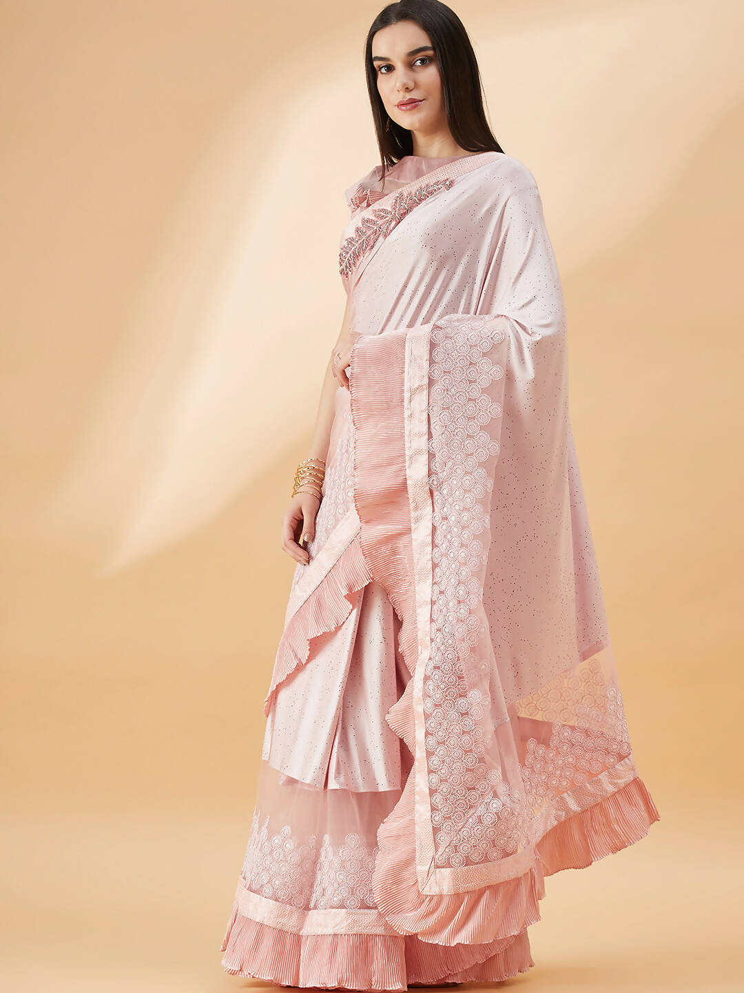 Pink Lycra Frill Details, Hand Embroidered Brooch Saree - Norita Hit Design - Distacart