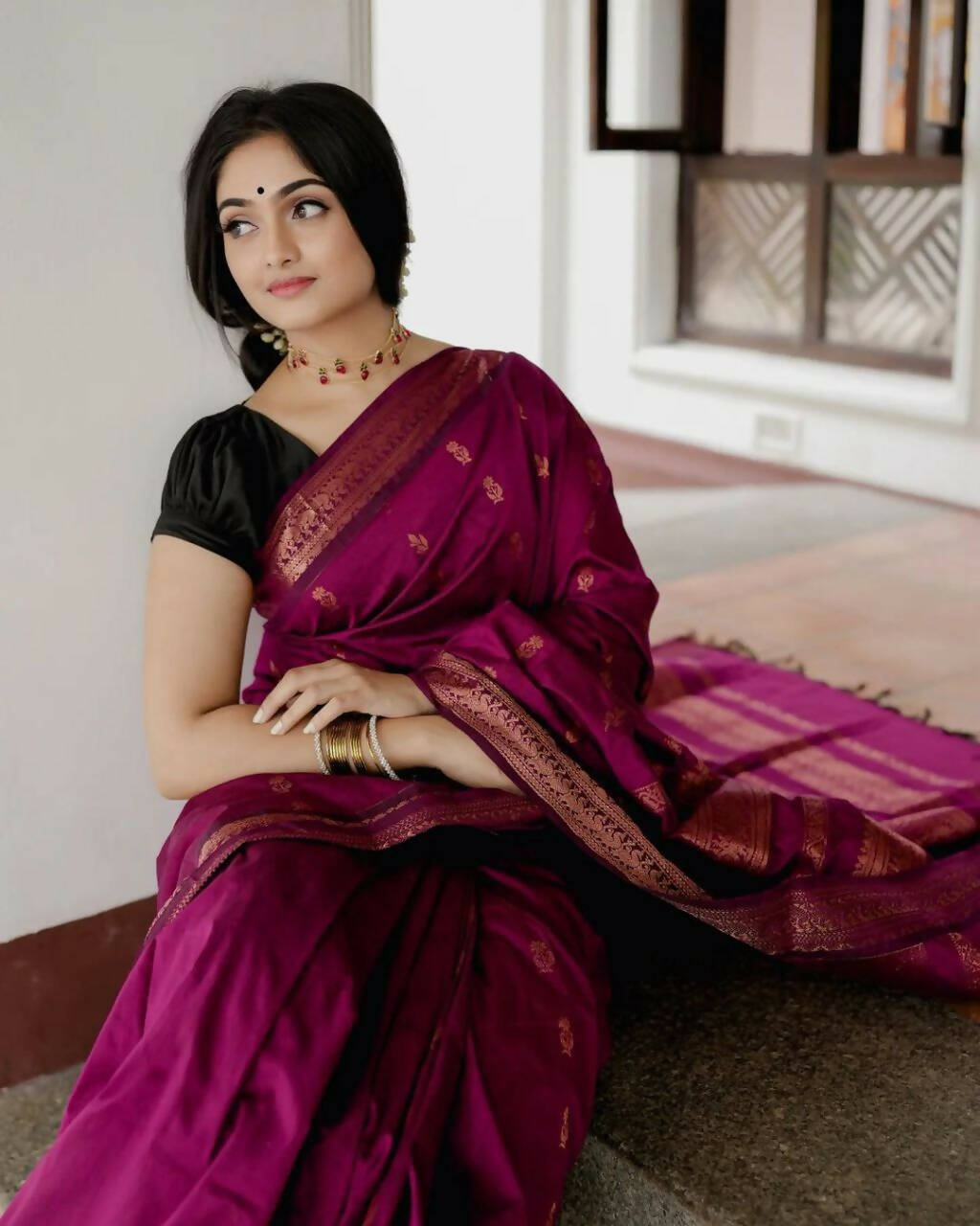 DEIANA'S Beautiful Golden Jari with New Design Soft Lichi Silk Saree - Wine - Distacart