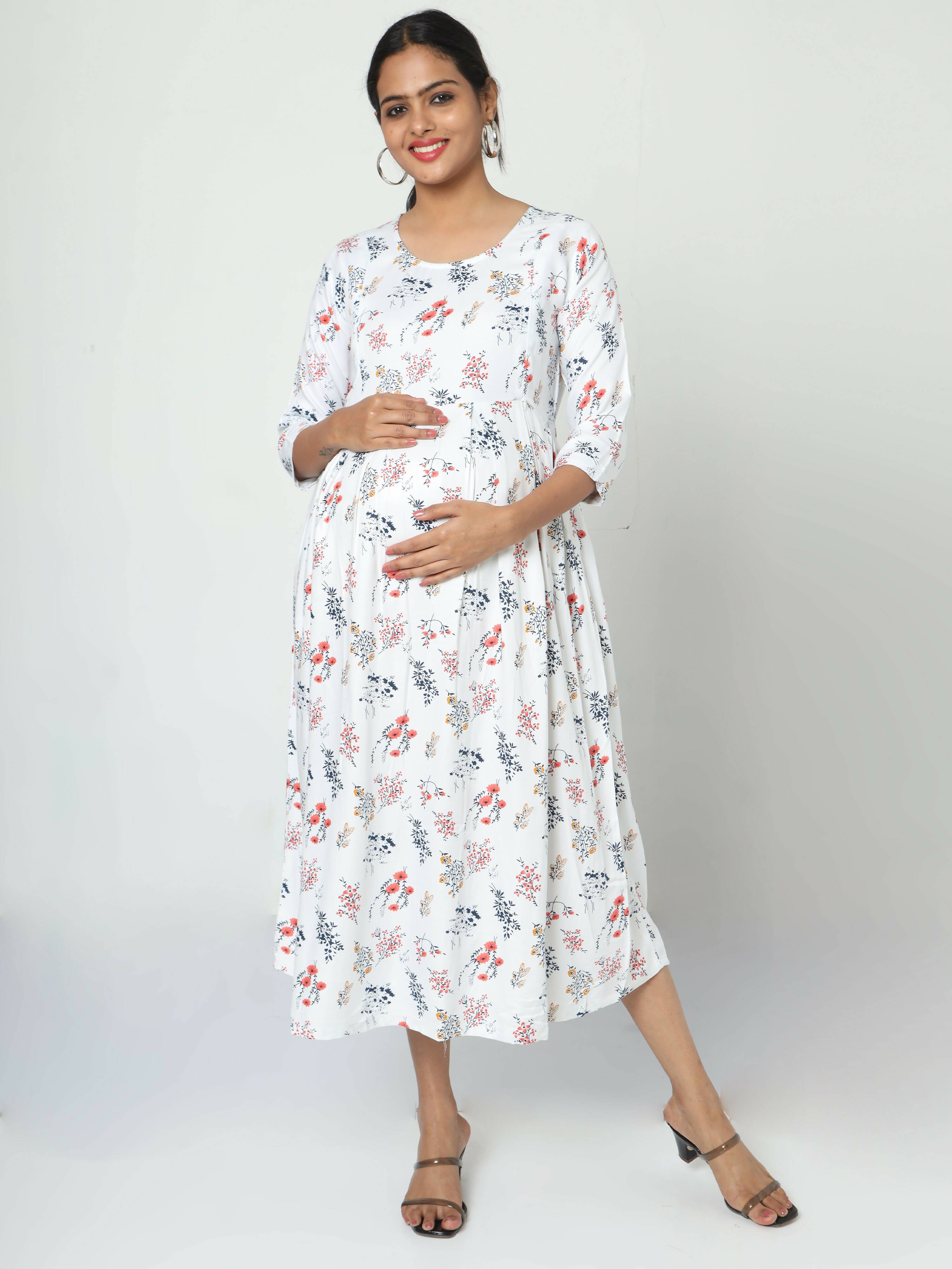 Manet Three Fourth Maternity Dress Floral Print With Concealed Zipper Nursing Access - White - Distacart