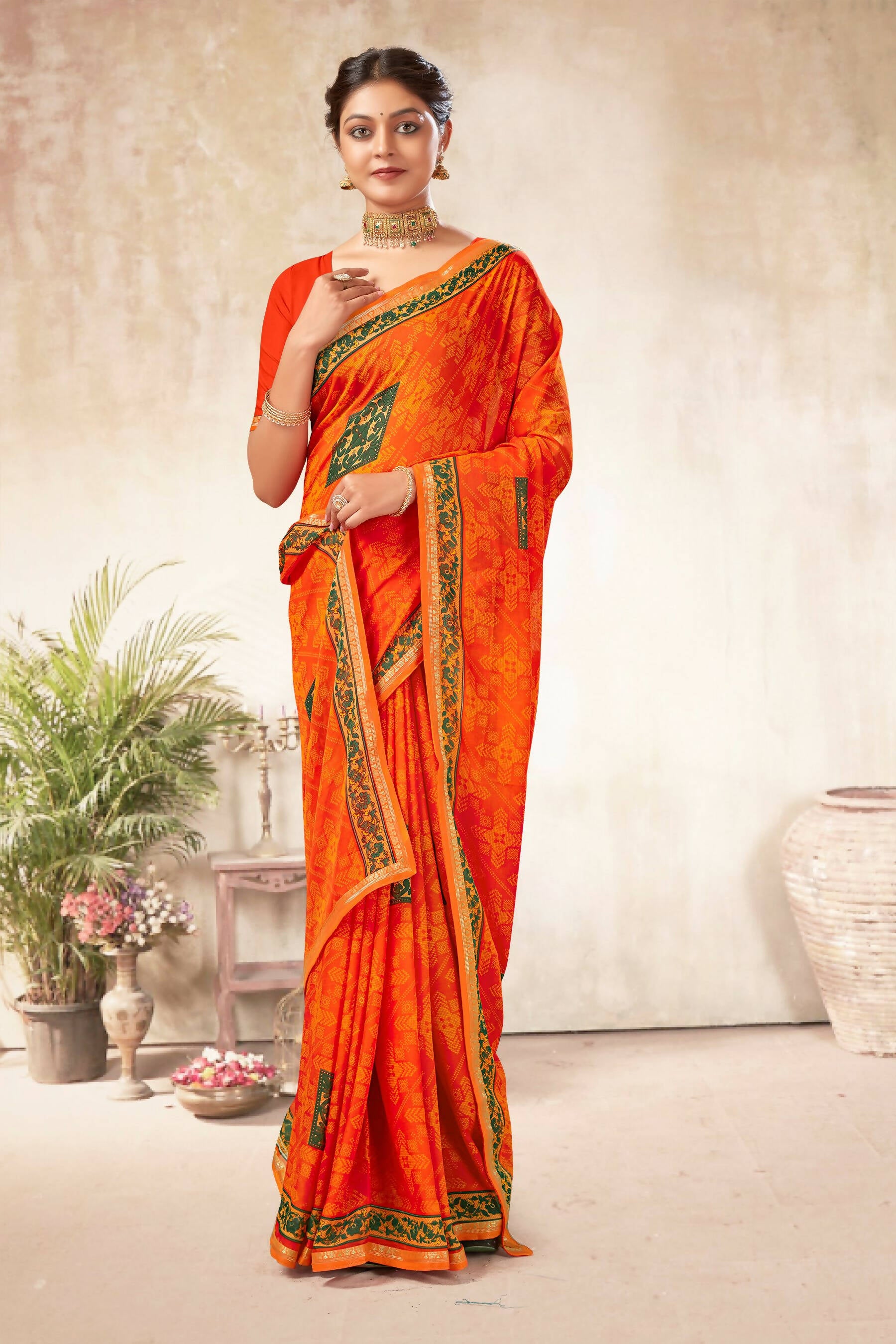 Orange Georgette Bandhni Printed Saree With Unstitched Blouse Piece - Shanaya - Distacart