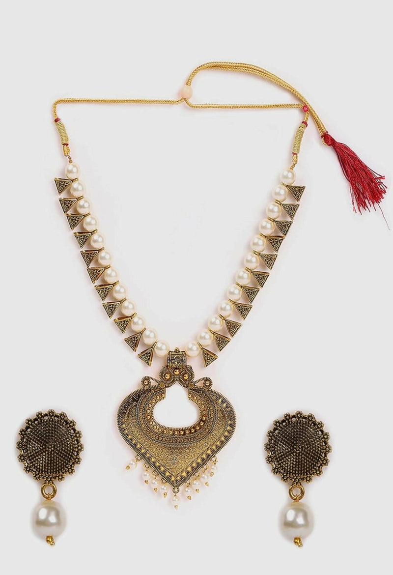 Mominos Fashion Joharkamal Oxidised Gold-Plated Pearls Work Long Necklace Handicraft For Women &amp; Girls - Distacart