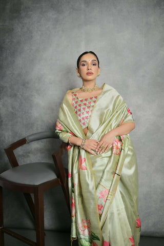 Vishnu Weaves Women's Pista Soft Tussar Silk Printed Saree with Blouse - Distacart