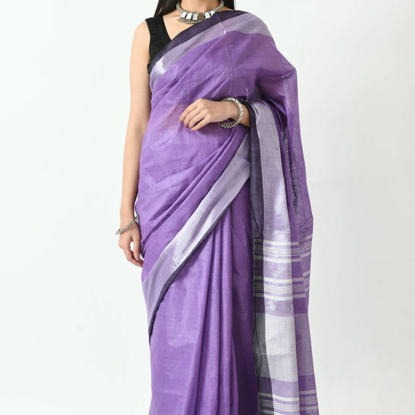 Mominos Fashion Moeza Purple & Black Bhagalpuri Handloom Silk Linen Saree with unstitched Blouse piece - Distacart