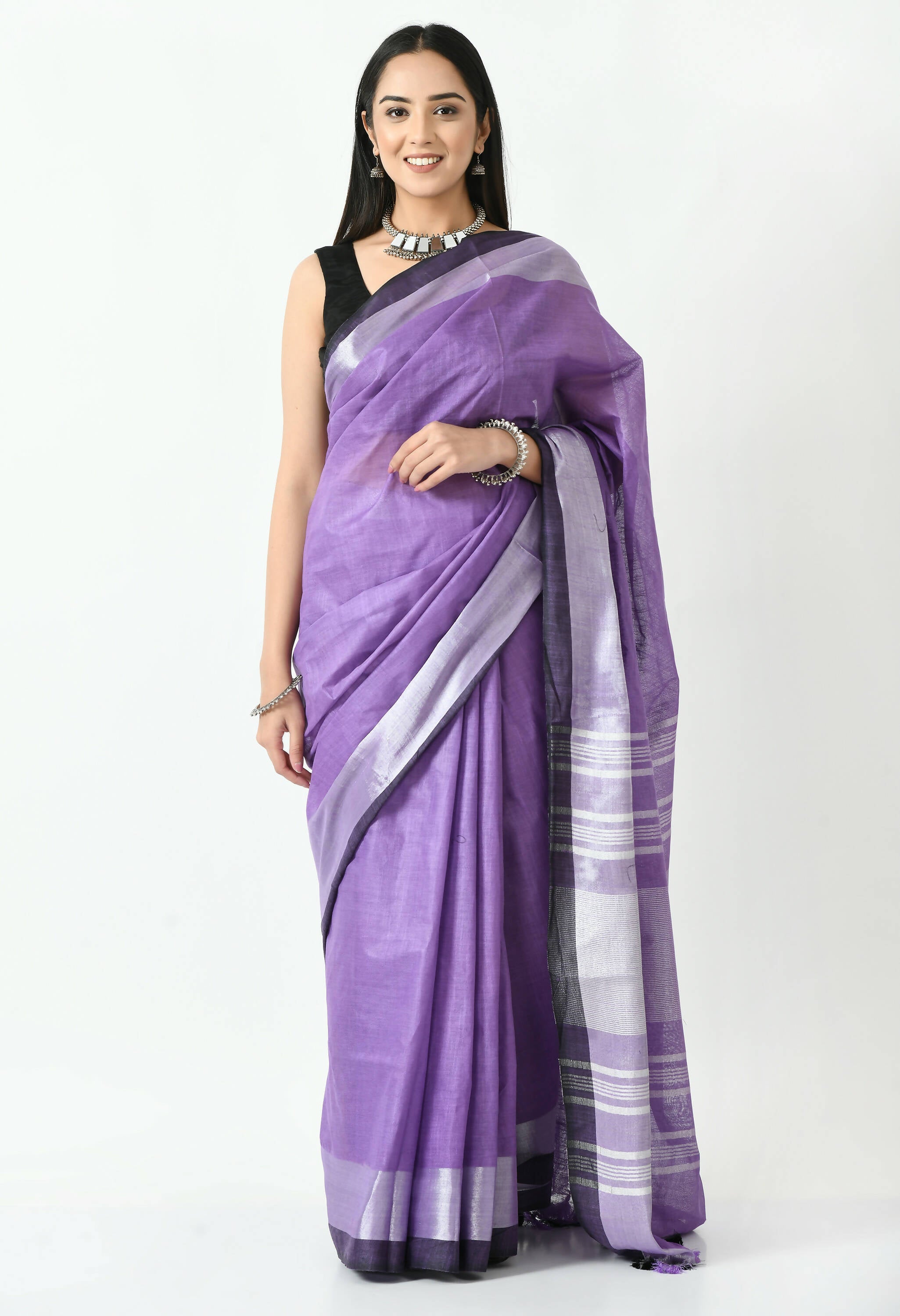 Mominos Fashion Moeza Purple & Black Bhagalpuri Handloom Silk Linen Saree with unstitched Blouse piece - Distacart