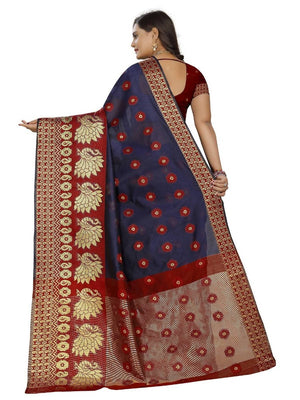 Vamika Banarasi Cotton Silk Navy Blue & Red Weaving Saree