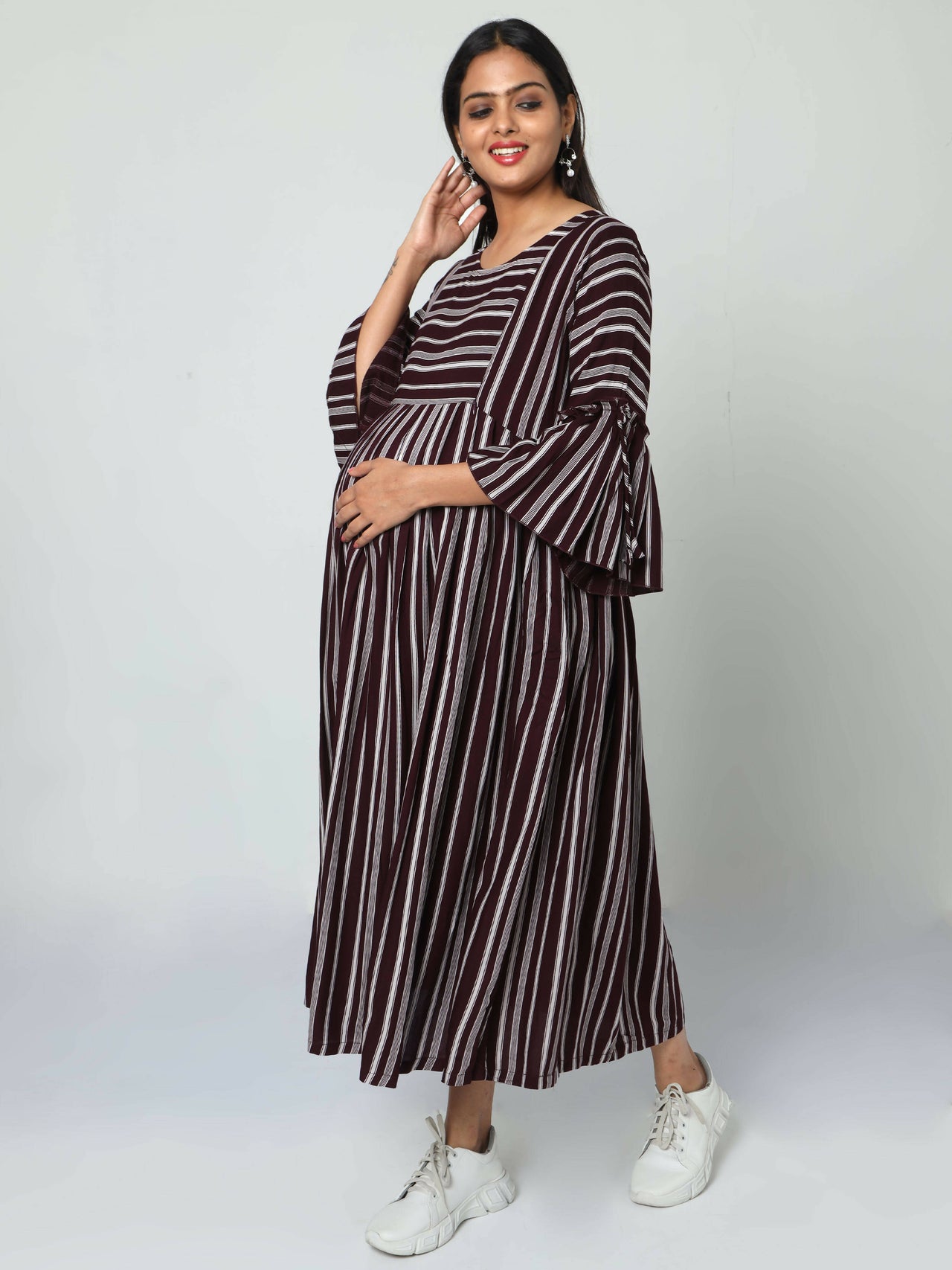 Manet Three Fourth Maternity Dress Striped With Concealed Zipper Nursing Access - Brown - Distacart