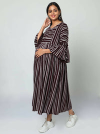 Thumbnail for Manet Three Fourth Maternity Dress Striped With Concealed Zipper Nursing Access - Brown - Distacart