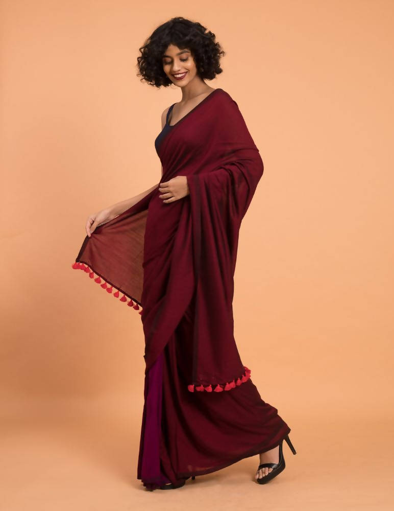 Suta Purple Maroon Colourblocked Cotton Acrylic Saree - Distacart