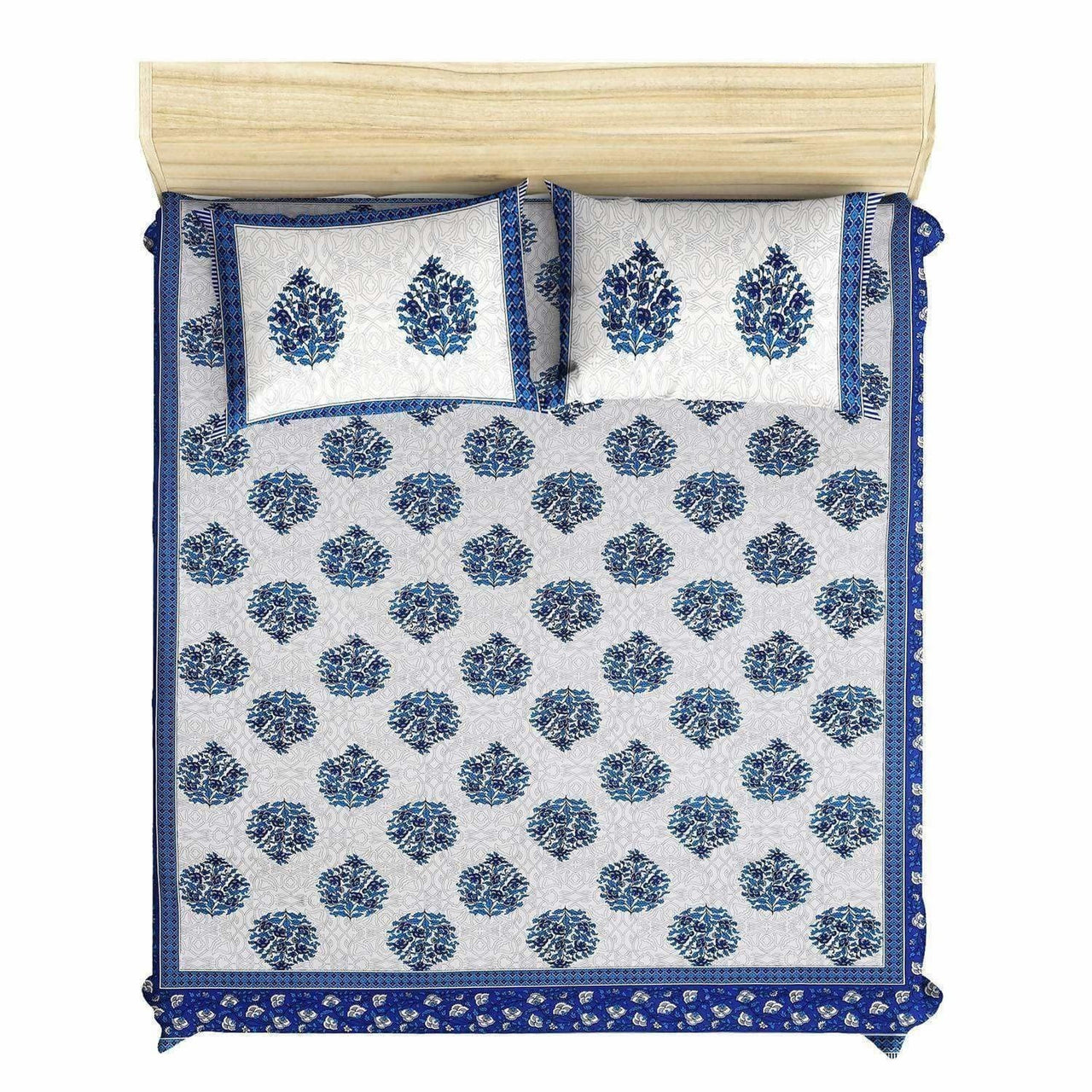 Queen Size 230x270 Cms Jaipuri Hand Block Printed Traditional 144TC Cotton Bedsheet with 2 Pillow Covers - Distacart