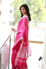 Thumbnail for Very Much Indian Pure Organic Linen Saree – Bright Pink (Hand-Dyed) - Distacart