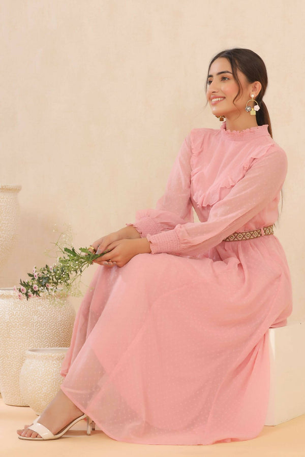 Juniper Women Pink Chiffon Woven Design Flared Dress - Distacart
